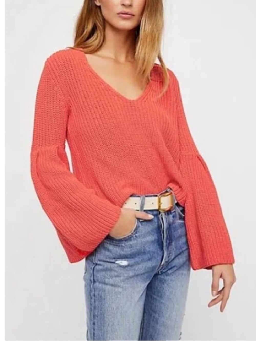 Free People Damsel Women’s Coral V-Neck Bell Sleeve Sweater Size M Cotton Boho